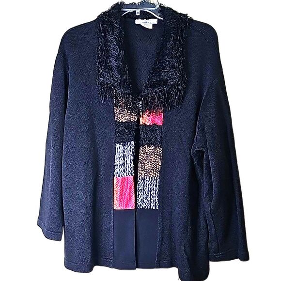 Cardigan Boho Fringe Collar Black with Multicolor Front Patchwork Size Medium - Picture 1 of 4